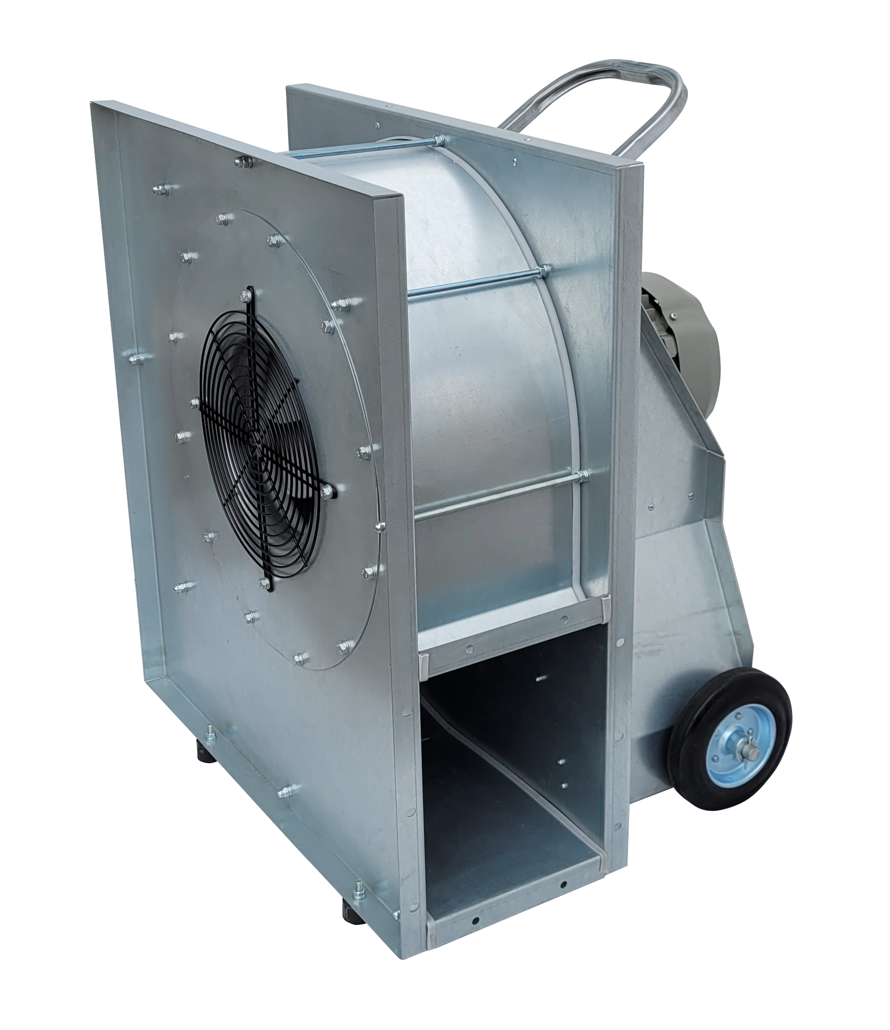 Drive-through fan for grain silos, with rectangular duct connection.